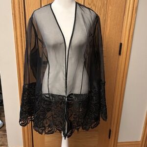 JS Collection Lace Embroidered Mesh Sheer Duster Black Size 16W Elegant